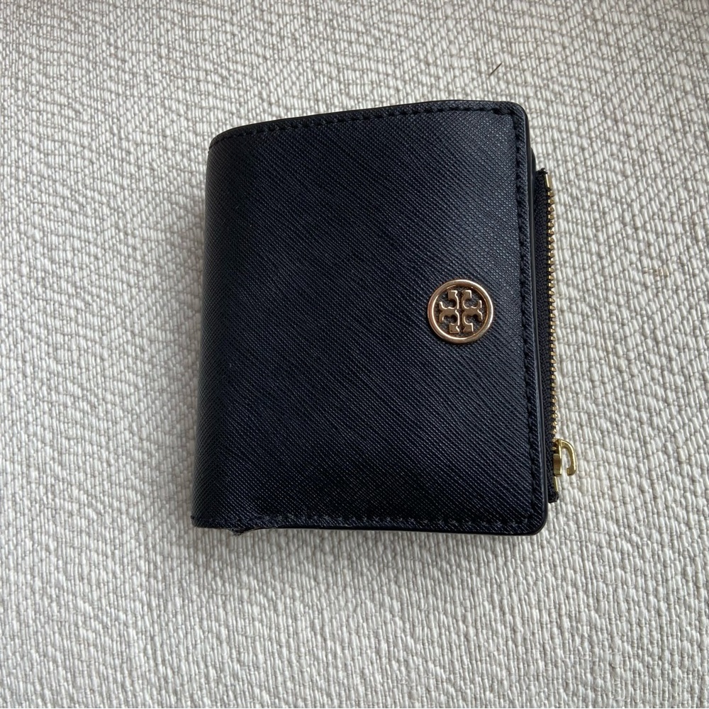 Tory Burch Black Saffiano Leather Compact Wallet with Gold Logo